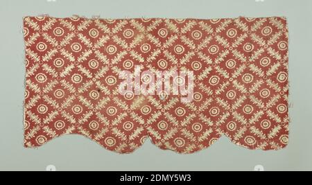 Textile, Medium: cotton Technique: relief printed, colored ground, Part of a small valance in coarse cotton printed in red with a pattern in white of a trellis of leaves with a rosette center., England or France, early 19th century, printed, dyed & painted textiles, Textile Stock Photo