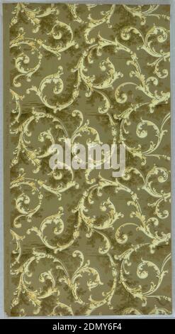 Seitenwand, maschinenbedrucktes Papier, flüssige Glimmer, auf dunkelgrauem Grund, weißes Rollwerk mit einigen schattierten Ästen., USA, 1905–1915, Wallcoverings, Sidewall Stockfoto