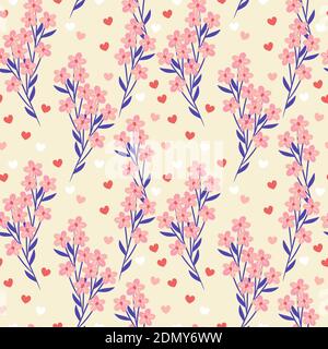 Süße rosa Blumen und winzigen Herz Hintergrund. Schöne Blumen nahtlose Muster. Stock Vektor