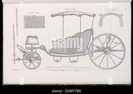 Teller 6, Calèche à Bancs (Pferdekutsche mit Bänken), Modèles de Voitures Louis XV (Modelle von Louis XV Wagen), Jean-François Chopard, französisch, aktiv 18. Jahrhundert, Jean-François Chopard, französisch, aktiv 18. Jahrhundert, Nicolas Jean-Baptiste de Poilly, französisch, 1712–nach 1758, Gravur auf Papier, Teller 6, Folio 6 einer Serie von 13 Drucken von Designs für Wagen oder Reisebusse. Pferdekutsche mit Rokoko-Motiv, in der Höhe dargestellt, mit Details der verschiedenen Teile oben links und oben rechts. Der Wagenkörper ist mit verschiedenen Platten geöffnet Stockfoto