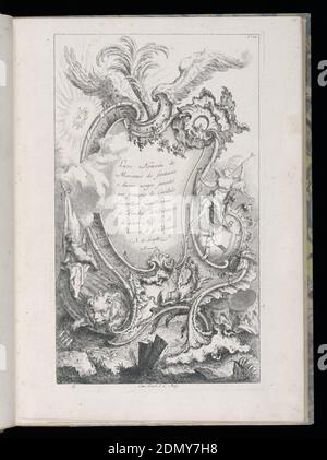 Titelseite, Livre Nouveau de Morceaux de Fantaisie (Neues Buch der Fantasiestücke), François de Cuvilliés der Ältere, Belgier, Aktives Deutschland, 1695 - 1768, Carl Albert von Lespilliez, Deutsch, 1723 - 1796, François de Cuvilliés der Ältere, Belgier, Aktives Deutschland, 1695 - 1768, Gravieren und Radieren auf Büttenpapier, Kartusche umrahmt von Adlerflügeln und Federn; Sonne links, Blumen, Figurenspielhorn rechts und Putto; geflügelter Drache, Löwe, Muscheln auf felsiger Landschaft., München, Deutschland, 1738–45, Alben (gebunden) & Bücher, gebundener Druck Stockfoto