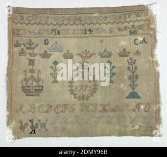 Sampler, Medium: Seidenstickerei auf Leinen Fundamenttechnik: Gestickt auf Leinwandbindung, Alphabete, Ziffern, Kronen, Bäume, ein Schiff und Vögel., Deutschland, 1793, Stickereien & Stitching, Sampler Stockfoto