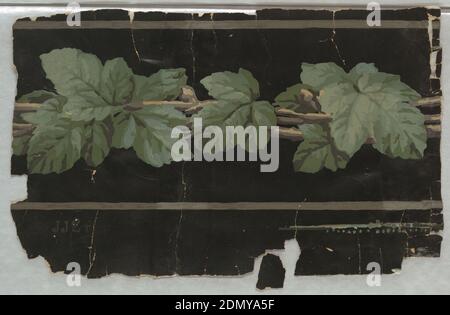Border, Block-printed paper, Entwined leafy vines forming central column on black ground., France, 1860–1900, Wallcoverings, Border Stock Photo