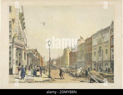 Piccadilly Looking towards the City, Thomas Shotter Boys, Englisch, 1803 – 1874, Lithograph, Street Scene, Egyptian Hall at right, Patent Office on Old Bond Street at left. Die Installation des Wassersystems ist rechts dargestellt. Menschen, die zwei Ballons am Himmel sehen., England, ca. 1840, Landschaften, Drucken Stockfoto