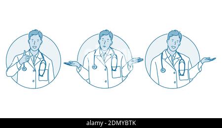 Healthcare, medicare, doctor showing signs concept. Young man doctor therapist in uniform cartoon character showing frustration, approving choice and Stock Vector