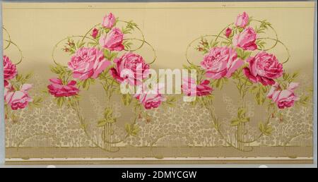 Frieze, Machine-printed paper, Clusters of large pink roses on scrolling vines. Towards bottom of frieze are petite flowers printed in silhouette, creating a lace-like effect. The background shades from light tan at the top to a deeper gray color at the bottom., USA, 1905–1915, Wallcoverings, Frieze Stock Photo