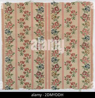 Textil, Medium: Seide Technik: Leinwandbindung mit Ergänzungswefe, rosa Kettrippenstreifen, die florale Serpentinen aus hellen, bunten Blüten auf cremefarbenem Boden absetzen., Frankreich, ca. 1775, gewebte Textilien, Textilien Stockfoto