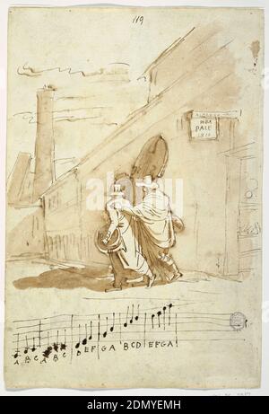 Recto: Drei Musiker vor dem Albergo della Pace, 1810, Felice Giani, italienisch, 1758–1823, Recto:Stift und braune Tinte, Pinsel und braune Wäsche auf weißem Papier, Blatt eines Zeichenbuches; Folio 59; Seiten 118, 119. Vorderseite: Drei Reihen mit je drei Motiven. Daneben geschrieben: '118'; Mitte, links: 'Andrea / Pisano'; unten: '59 Bologna porta di S. Pettronio del tré cento. Del Senese della Fontana.' Rückseite: Vor dem Eingang des Hotels della Pace in Bologna. Drei Männer stehen; einer trägt ein französisches Horn, der andere Saiteninstrumente. Ein Schild zeigt: 'ALBERGO / DELLA / PACE / 1810 Stockfoto