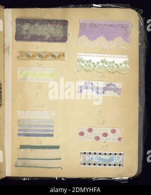 Sample book, Medium: cotton, silk, metallic, Contains about 915 samples of trimmings and ribbons, numbered by hand in pencil. Note written on inside back cover reads 'Foreign Reference No. 1.', France, late 19th–early 20th century, sample books, Sample book Stock Photo