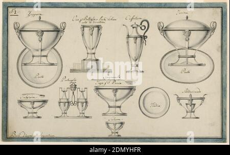 Designs für Silber Servierstücke, Pietro Belli, Italienisch, 1780–1828, Stift und graue Tinte, Pinsel und Grauwäsche, Graphit, linierte Ränder in Stift und schwarze Tinte auf weißem Papier gelegt, Horizontales Rechteck. Designs für Silber Servierstücke mit weiblichen Masken, aus denen ein Bündel von Trauben und Blätter sind suspendiert verziert. Medusa-Masken, Schlangen und Zierleisten bilden die primären Dekorationsmotive. Die einzelnen Abbildungen sind mit Beschriftungen ausgestattet. In der oberen Reihe, von links nach rechts: Eine Suppenschüssel mit Teller, die Aufschrift "Zappiera" oben und "Piatto" unten; ein Tablett mit Flaschenkühler und vier Gläsern Stockfoto