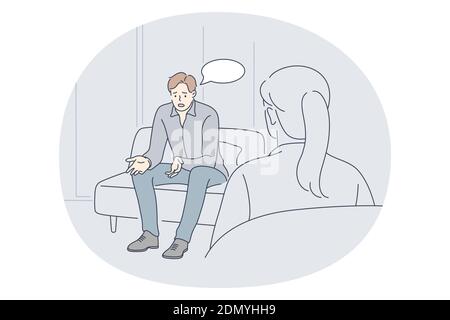 Psychiater, psychologische Unterstützung, Medicare Konzept. Junge depressive Mann Patient Cartoon Figur sitzen und erzählen seine Probleme, Frau Psychol Stock Vektor
