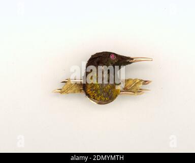 Brooch, Sunbird head, gold, Sunbird's head with irredescent brown, golden yellow and blue-green feathers, mounted on gold bar pin; a small gold leaf on either side of bird's head., USA, ca. 1870, jewelry, Decorative Arts, Brooch Stock Photo