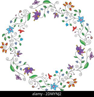 Round frame of purple flowers on white background. Stock Vector