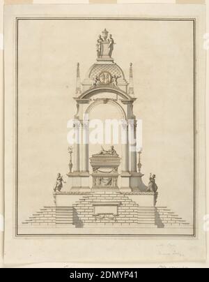 Grabmonument, Stift und braune Tinte, Pinsel und Grauwäsche auf Papier, Entwurf für ein Grabmonument. Höhenansicht. Treppen führen zu einer Plattform in der Mitte, von der ein Sarkophag auf einem Sockel steht, der von geflügelten Schädeln gestützt wird. Eine liegende weibliche Statue liegt auf dem Sarkophag. Sie hält einen Stock, der von einer Schlange umgeben ist. An der Basis des Denkmals, an den Ecken, stehen zwei weibliche Statuen. In ihrer Geste zeigen sie auf den Sarkophag. Doppelte Säulen stützen einen Bogen und eine quadratische Kuppel verziert, in der Mitte, mit einem Medaillon von zwei Kuppeln unterstützt. Stockfoto