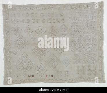 Sampler, Medium: silk, cotton and linen embroidery on linen foundation Technique: embroidered in satin, eyelet, stem, back and cross stitches on plain weave with withdrawn element work, Letters and detached geometric motifs. Withdrawn element work with needle-made fillings using linen., Friesland, Netherlands, 1688, embroidery & stitching, Sampler Stockfoto