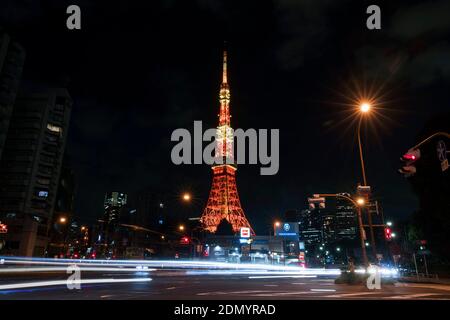 Tokyo, Japan. 10th Nov, 2020. The Tokyo Tower is illuminated in Tokyo, Japan, Nov. 10, 2020. Tokyo is the capital and most populous prefecture of Japan. As you might expect from one of the world's most bustling cities, Tokyo is phenomenally vibrant at night. Credit: Du Xiaoyi/Xinhua/Alamy Live News Stock Photo