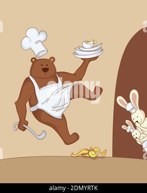 Funny illustration with a bear chef slipping on a banana and hares. Stock Vektor