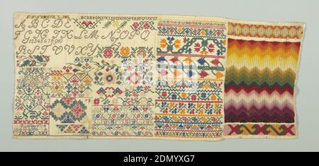 Sampler, Medium: Wollstickerei auf Baumwollfundament Technik: Gestickt in Satin, Kreuz, langarmigem Kreuz, laufend, zweifach laufend, und azteken-Stich (ausgezogene Elementarbeit mit nadelgefertigten Füllungen) auf Leinwandfundament, unterteilt in Bändelsäulen, ausgezogene Elementarbeit in Flammenmuster rechts., Mexiko, 19. Jahrhundert, Stickerei & Stitching, Sampler Stockfoto