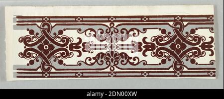 Bordüre, Blockdruckpapier und beflocktes Papier, Maroon Flock, graues Scrollwork-Muster auf weißem Grund, möglicherweise Frankreich, 1850–75, Wallcoverings, Bordüre Stockfoto