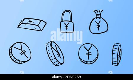 Handgezeichnete blaue Business-Yen-Symbole. 2d Geld Illustration mit Doodle Design-Stil Stockfoto