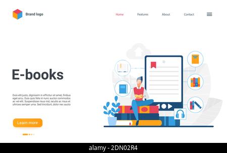 Website kreative Landing Page Design mit Cartoon Mann Student Charakter Buch lesen, mit Bookreader oder Smartphone-Bibliothek App. Online-Fernunterricht Technologie, E-Bücher Vektor-Illustration Stock Vektor