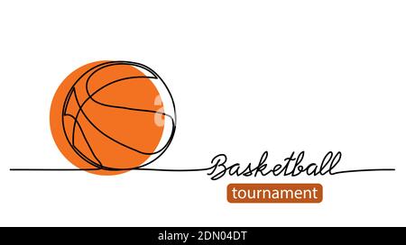 Basketball-Turnier einfache Vektor-Hintergrund, Banner, Poster mit orangen Ball Skizze. Eine Linie Zeichnung Kunst Illustration von Basketball-Ball Stock Vektor