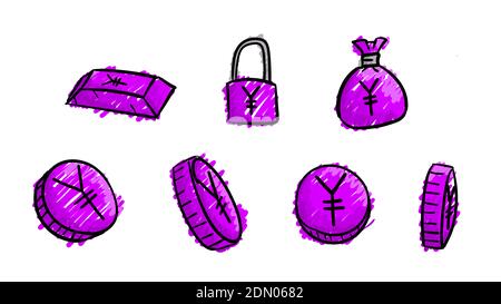Hand drawn violet business yen symbols. 2d money illustration with doodle design style Stockfoto
