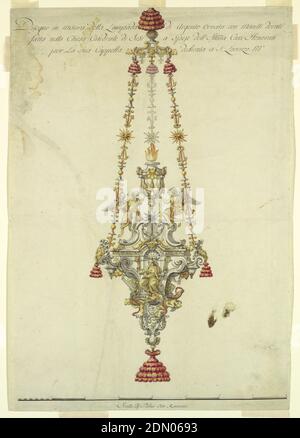 Eine Altarlampe in der Familienkapelle der Honorati in der Kathedrale von Jesi, Luigi Valadier, italienisch, 1726 – 1785, Stift und schwarze Tinte, Pinsel und Aquarell, schwarze Kreide auf weißem Büttenpapier, Entwurf für eine Lampe, die in teilweise vergoldeten Metallen ausgeführt werden soll., Frankreich, ca. 1775, Beleuchtung, Zeichnung Stockfoto