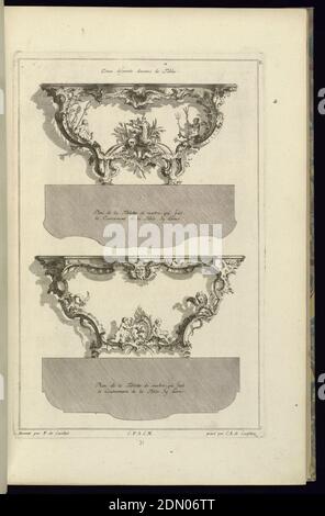 Deux diferents deseins de tables, François de Cuvilliés d.Ä., Belgier, Aktives Deutschland, 1695 - 1768, Karl Albert von Lespilliez, 1723–1796, Radierung und Gravur auf weißem Büttenpapier, Deutschland, 1745, Möbel, Druck Stockfoto