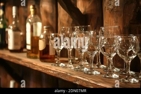 Weingläser und Flaschen auf einem Holzregal retro Stockfoto
