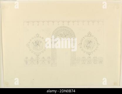 Design for Entrance Hall, East Wall, Royal Pavilion, Brighton, Frederick Crace, Englisch, 1779–1859, Graphit auf Papier, Wandhöhe, mit einer Tür in der Mitte, flankiert auf beiden Seiten von Säulenpaaren mit blättrigen Schäften. Overdoor besteht aus einer Lünette von Vögeln, in einem breiten dekorativen Rand eingeschlossen. Die Wandflächen, links und rechts, tragen runde Tafeln mit geflügelten Drachen. Dado, links, stilisierte Blätter. Alternatives Design, rechts, Blätter, Drachenköpfe und Drachen., England, ca. 1820, Architektur, Innenräume, Zeichnung Stockfoto