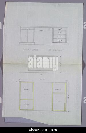 Design für Schreibtisch mit Doppeltürschrank links, in drei Ansichten, A.N. Davenport Co., Bleistift in Graphit und Gelb auf dünnem cremefarbenem Papier, 1900–05, Möbel, Zeichnung Stockfoto