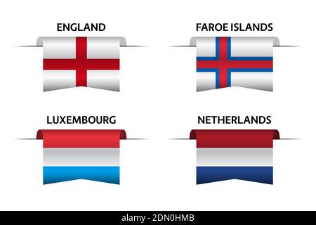 Set mit vier englischen, färöischen, luxemburgischen und holländischen Bändern. Made in England, Made in Färöer, Made in Luxembourg und Made in Netherland Stock Vektor