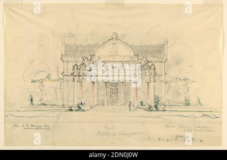 Front Elevation, Sketch for Library Museum for J. Pierpont Morgan, Esq., New York, Whitney Warren Jr., American, 1864–1943, Graphit, Farbstift auf weißem Zeichenpapier, Vorderansicht der Erhebung eines Kuppelgebäudes mit vier Säulen, die einen zentralen Eingang flankieren., Maßstab: In Graphit, unten rechts., New York City, New York, USA, 1900, Architektur, Zeichnung Stockfoto