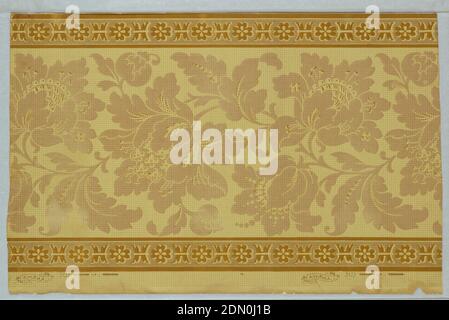 Frieze, Machine-printed, Brown and tan design on mustard yellow field. Top and bottom identical narrow bands of alternating rosettes and banded reeds. Center consists of a continuous floral scroll with leaves similar to the acanthus. On margin is printed : 'A.W.P.M.A. 3133'., USA, 1880–87, Wallcoverings, Frieze Stock Photo