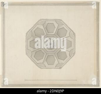 Design für Decke für die Kellergeschossdecke, Carlton House, Pall Mall, London, England, Henry Holland, British, 1745 - 1806, Stift und schwarze Tinte, Pinsel und Grauwäsche auf Papier, Horizontales Format Design für eine Decke für das Oktagon auf der Kellergeschossdecke des Carlton House in London, England. Die Wand ist außen angezeigt. Eine Rosette befindet sich in der Mitte einer achteckigen Tafel. Es ist von acht Sechsecken umgeben, die in der Nähe der Ecken der Decke gewölbte Seiten haben. Sechseckige Platten sind in den Sechsecken. Unten ist die Skala. Aufwändige Rahmung an den Rändern. Unten rechts wurde etwas gelöscht Stockfoto
