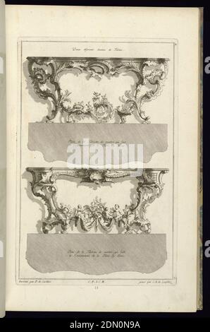 Deux diferents deseins de tables, François de Cuvilliés d.Ä., Belgier, Aktives Deutschland, 1695 - 1768, Karl Albert von Lespilliez, 1723–1796, Nicolas Jean-Baptiste de Poilly, Französisch, 1712–nach 1758, Radierung und Gravur auf weißem Büttenpapier, Deutschland, 1745, Möbel, Druck Stockfoto