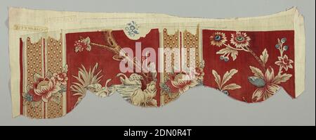 Fragment with chef de piece, Medium: cotton Technique: block printed on plain weave; blocks for two reds, black, yellow, blue and grey; irregular outline of yellow block visible as are registration marks for darker red block, Scalloped edge piece with design of swans in water, plants and trees alternate with stripes., Angers, France, 1790–99, printed, dyed & painted textiles, Fragment with chef de piece Stock Photo