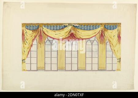 Design for Curtains, for the Music Room or the Banqueting Room, Brighton, Royal Pavilion, Frederick Crace, Englisch, 1779–1859, Pinsel und Aquarell, Graphit auf Wove-Papier, Wandhöhe, zeigt ein Design für die Dekoration der fünf Fenster. Schwalben von gelber und karmesinroter Draperie werden in der Mitte von einem fliegenden Drachen aufrecht erhalten und an den Seiten von Schlangen gebunden. Die dazwischen liegenden Pfeiler zwischen den Fenstern sind mit geriffelten, gelben Vorhangen bedeckt. Gesims in Blau und Gold., England, 1818–19, Interieurs, Drawing Stockfoto