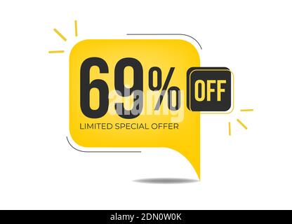 69 percent off limited special offer. Banner with sixty-nine percent discount on a yellow balloon. Stock Vector