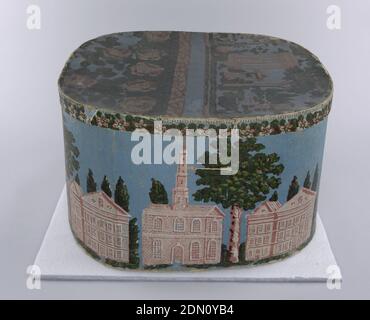 Bandbox, Block-bedrucktes Papier auf Pasteboard-Unterstützung, Blue Field. Rosafarbenes Ziegelgebäude: Nicht identifizierte Kapelle und Gebäude. Cover: Kreisförmiger Tempel in einer Gartenszene mit Jungen Angeln in einem Pool. Am anderen Ende der Gartenszene ist ein Band von Rosen, alle auf einem blauen Feld., USA, 1830–45, Wallcoverings, Bandbox Stockfoto