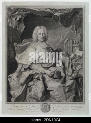 Porträt von Guillaume Cardinal Dubois (1650-1723), Pierre-Imbert Drevet, französisch, 1697 - 1739, Hyacinthe Rigaud, französisch, 1659 - 1743, Gravur auf Papier, dreiviertel-langes Porträt des Prälaten, sitzend, nach rechts gedreht, Blick auf den Zuschauer. Er trägt die Roben seines Büros. Titel und Wappen im unteren Rand. Signiert und datiert im Rahmen, unten rechts., Frankreich, 1724, Druck Stockfoto