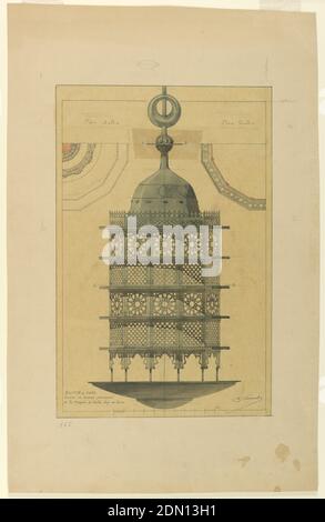 Bronze Kronleuchter, Kaid Bey Moschee, Kairo, Alfred Normand, Französisch, 1822–1909, Stift und schwarze Tinte, Pinsel und Grauwäsche, rot, grünes Aquarell auf Tracingpapier auf schwerem Wove Papier montiert, Design für eine Moschee Lampe. Design, abgebildete Mitte, besteht aus einer plattenartigen Scheibe, mehrseitigem Metallkörper, perforiert mit Designs, und einer gewölbten Oberseite., Frankreich, 1856–66, Metallarbeiten, Zeichnung Stockfoto