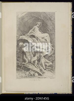Tafel 4, Receuil de Fontaines (Sammlung der Brunnen), François Boucher, französisch, 1703 – 1770, Gabriel Huquier, französisch, 1695–1772, Gabriel Huquier, französisch, 1695–1772, Gravur auf Papier, Folio 3, Tafel 3 einer Serie von 7. Design für einen Brunnen. Rokoko-Brunnen-Design mit zwei Tritonen, die einen schalenförmigen Felsen stützen, auf dem eine Nymphe sitzt. Die weibliche Figur hält eine seitlich gekippte große Vase, aus der das Wasser gießt. Ein Putti unter dem Felsen unten rechts. Ornamentale Grotto-Details im Hintergrund, Muschelschale im unteren Zentrum., Paris, Frankreich, 1736, Alben (gebunden) & Bücher, gebundener Druck Stockfoto