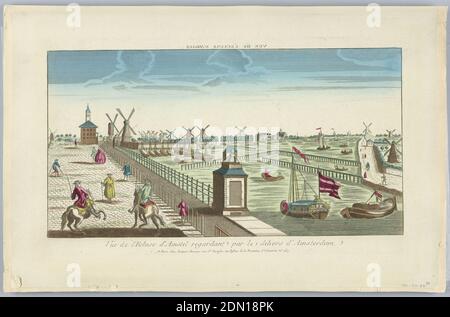 Peep-Show, Vue de l'Ecluse d'Amstel Regardant Par le Dehors d'Amsterdam, Gravur in Tusche mit Wasserfarben auf Papier, auf Sammelalbum Papier montiert, Peep-Show Print, Frankreich, ca. 1750, Drucken Stockfoto