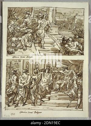 REMUS kills King Amulius; Remus LED in Chains before King Amulius; Two Studies after Carracci, Felice Giani, italienisch, 1758–1823, Feder und braune Tusche, Pinsel und braune Waschung, über Spuren schwarzer Kreide auf weißem schwerem Gewebspapier, obere Zeichnung des sterbenden Königs, die nach links unten ausstreckt; Umgeben von vier klassisch gekleideten helmeted Krieger, einer mit gezogenem Schwert. Andere Soldaten drängen sich rechts und bewegen sich im Hintergrund. Einstellung zeigt dais oder Thron im Freien mit Platz und Stadttor. Untere Zeichnung von König Amulius auf seinem Thron rechts nach links. REMUS, mit gefesselten Händen Stockfoto