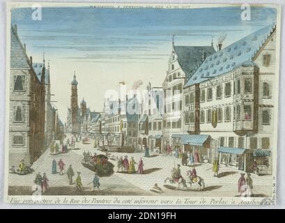 Peep-Show, Vue Perspective de la Rue des Peintres du Cote Inferieur Vers la Tour de Perlac à Augsbourg, Gravur in Tusche und Wasserfarben auf Papier, montiert auf Sammelalbum, Peep-Show Print, Frankreich, ca. 1750, Drucken Stockfoto