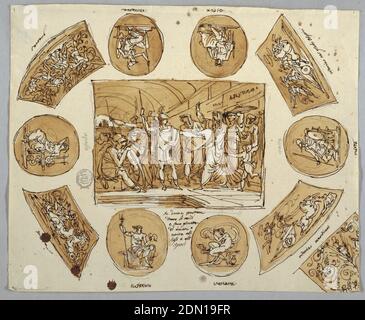 Design for Ceiling with Spartan Women in Central Rectangular Panel, Felice Giani, Italian, 1758–1823, Pen and Brown ink, brush and Brown wash over traces of graphite on Cream laid paper, Spartan Women giving Schilde to their men and sons while ermahning them. Einstellung zeigt gewölbte Halle. Sechs ovale Medaillons umgeben länglich. Medaillons zeigen sitzende Götter, bzw. Neptun, Venus, Mars, Zeus, Minerva und Apollo. Quadrangles schräg an Ecken verteilt. Die linken enthalten Kampfszenen. An der rechten oberen Ecke, Sieger im Rennen der Wagen. In der rechten unteren Ecke, ein siegreich Rennwagen Stockfoto