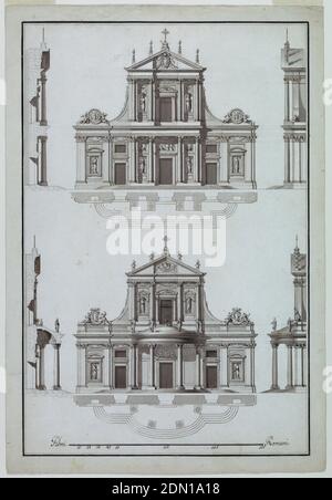 Zwei Varianten einer Fassade von S. Maria Sopra Minerva, Rom, Stift und schwarze Tinte, Pinsel und Grauwäsche, Graphit auf weißem Büttenpapier, zwei Grundriss- und Höhenprojekte für eine Kirchenfassade. Im oberen Projekt wird das untere Geschoss mit drei Buchten von einem Dachgeschoss mit Giebel gekrönt. Ein päpstlicher Escutcheon ist im Giebel. Das untere Projekt ähnlich dem obigen Entwurf mit dem Zusatz einer Veranda an der zentralen Bucht., links sind ihre Abschnitte gezeigt; rechts ihre Ansichten von der Seite., Ränder in Feder und schwarzer Tinte., Rom, Italien, 1771–72, Architektur, Zeichnung Stockfoto