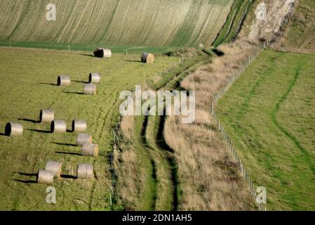 Grüne Felder mit Heuballen und rustikalem Pfad im Herbst auf South Downs in der Nähe von Saltdean, Sussex, England, Vereinigtes Königreich Stockfoto
